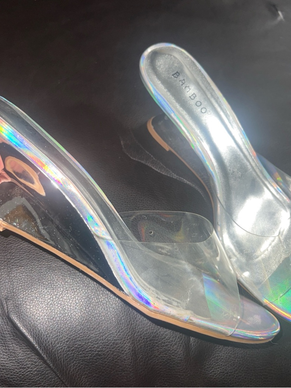 Clear kitten heel mules